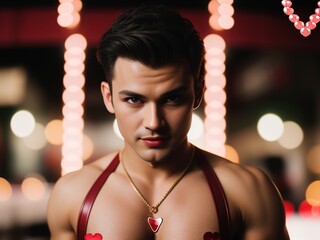 Portrait of a sexy man with bare breasts with a heart-shaped amulet on his chest on a blurred background, bokeh. A gay man with makeup on a background of blurred lights. Valentine's day.