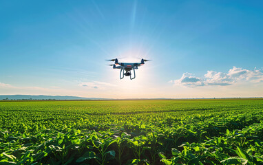 Green Agricultural Drone Surveying a Lush Field During a Sunny Summer Day - obrazy, fototapety, plakaty