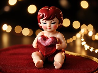 A small porcelain doll in the form of a cupid angel with a heart in her hands on a blurred...