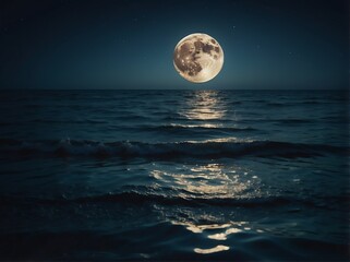 Naklejka na ściany i meble A beautiful moon with glowing reflection on the water of the ocean from Generative AI