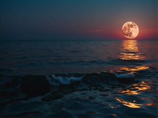 A beautiful colorful moon with glowing reflection on the water of the ocean from Generative AI