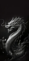 Dynamic silver dragon with a fierce expression on a black artistic background. Phone wallpaper.