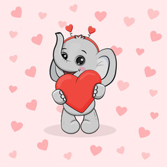 Cute cartoon elephant with red heart isolated on pink background with hearts. Postcard for Valentine's Day, Mothers day. Vector illustration