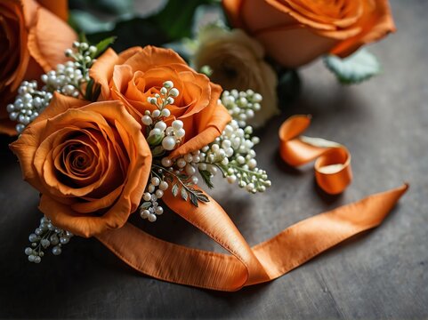 Set of orange themed corsage for prom or wedding occassions from Generative AI