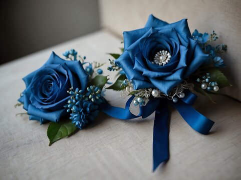 Set of blue themed corsage for prom or wedding occassions from Generative AI