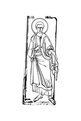 Orthodox vintage stamp of Thomas the Apostle. Christian illustration black and white in Byzantine style 