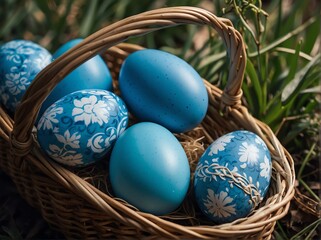 Blue easter eggs in a wicker basket from Generative AI