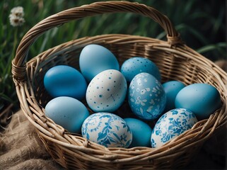 Fototapeta na wymiar Blue easter eggs in a wicker basket from Generative AI