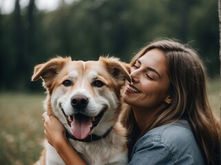 Beautiful young woman smiling happy with her cute adorable dog from Generative AI