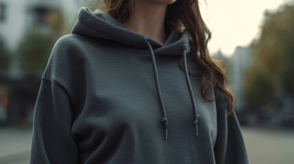 A woman wearing a hoodie stands on a city street. This versatile image can be used to depict urban lifestyle, fashion, or anonymous individuals in an urban setting
