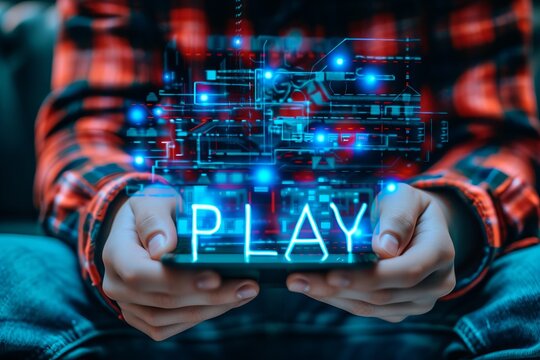 Interactive holographic shining text icon  play  over mobile phone   futuristic technology concept