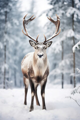 Naklejka na ściany i meble Snowy Wonder: Majestic Male Buck Amidst Winter Wilderness, Portrait of a Noble Deer in Snow-Covered Forest