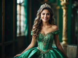 Naklejka premium Beautiful young woman smiling happy dressed as a princess in blue dress from Generative AI