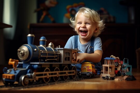 Happy little boy playing with a toy train. Children's games and development.