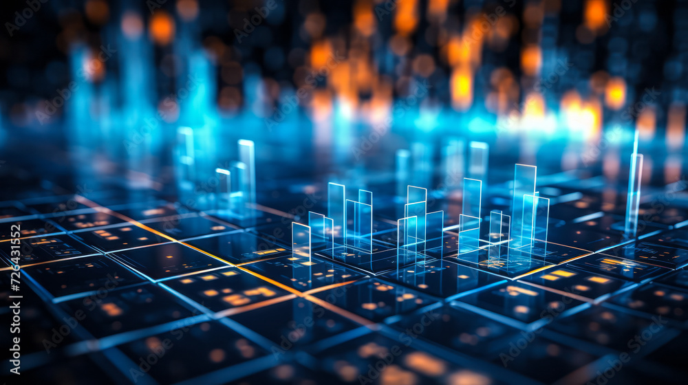 Poster abstract technological background with pulsating light bars on a grid, concept of data analysis, cyb