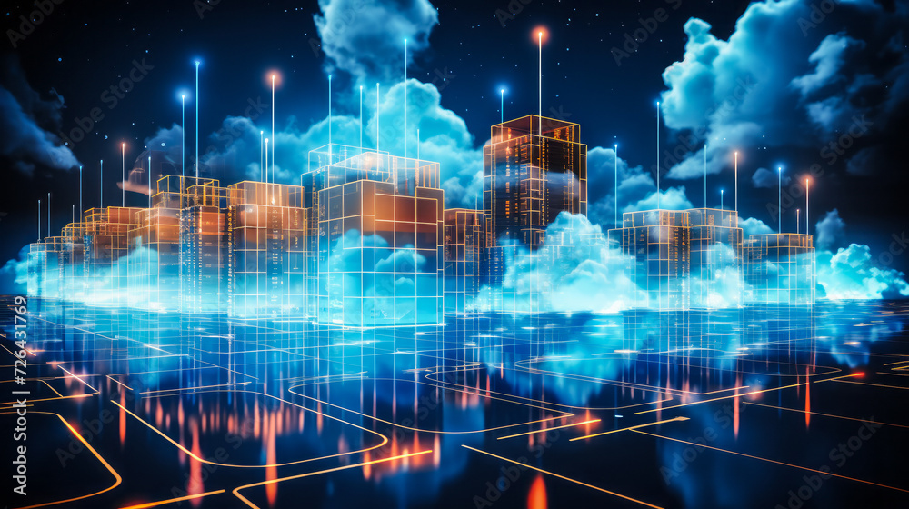 Poster digital illustration of cloud computing network with glowing blue clouds and data streams on a futur