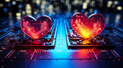 Futuristic concept of love and technology with glowing neon hearts on a circuit board, symbolizing Valentine's Day in the digital and social media age - obrazy, fototapety, plakaty