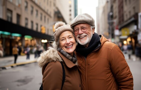 In the heart of the city, this senior couple shares a romantic stroll, immersed in the urban charm, capturing the timeless essence of their enduring love amidst the bustling streets.Generated image
