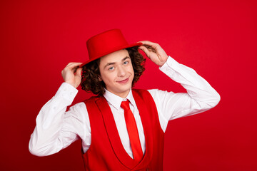Portrait of extravagant gentleman teenager model boyfriend wearing hat cone posing in classic look...