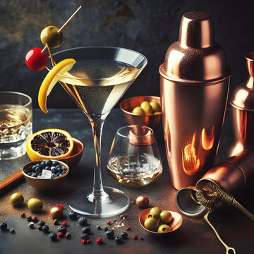 Martini served beside a copper cocktail shaker, martini cocktail drink in martini glass