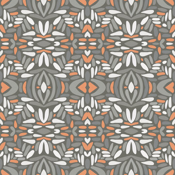 Soft grayscale pattern with subtle coral highlights and heart motifs. Vector seamless pattern design for textile, fashion, paper, packaging, wrapping and branding