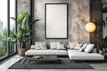 Empty frame mockup on wall in modern living room with sofa. Interior design mock-up artwork template