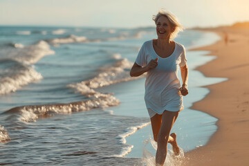 older mature senior woman running at the beach, healthy lifestyle, jogging and walking for health