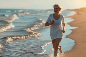 Schilderijen op glas older mature senior woman running at the beach, healthy lifestyle, jogging and walking for health © Moritz