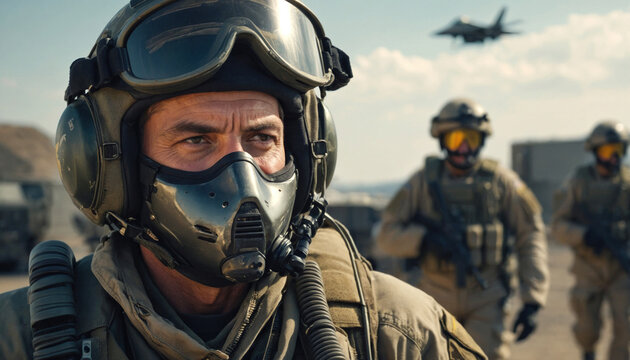 Military jet pilot face portrait with oxygen mask