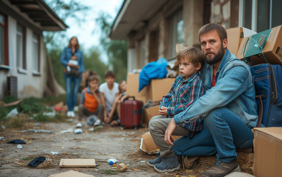 Tired sad evicted family with kids worried relocating house. Moving to new home, family financial problems, crisis, financial hardship, cost of living concept.