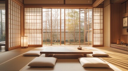 Japanese Modern Interior shot of a modern Japanese living room clean lines, and a blend of traditional Japanese elements with contemporary furniture. Large windows