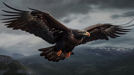 Obraz premium Eagle in a Flight Over Snowy Mountains - Generative AI