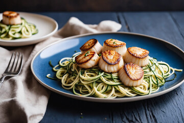 Seared scallops with zucchini spaghetti noodles, zoodles, served on cream blue ceramic plate, on black rustic surface. with linen napkin aside.
