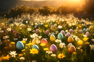 Rolgordijnen field of yellow tulips and easter eggs © Ateeq