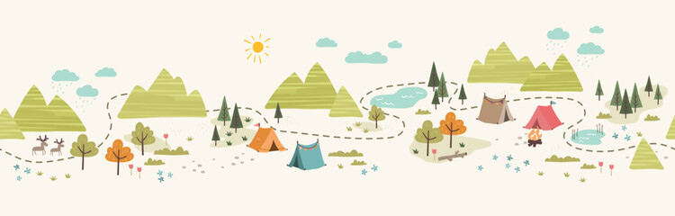 Cute hand drawn vector seamless pattern with camping doodles, tents, landscape and trails, great for textiles, banners, wallpapers