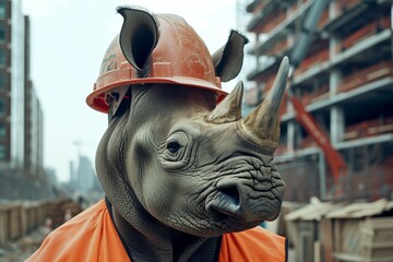 A determined rhinoceros donning a bright orange hard hat works alongside a person in a red shirt, amidst a backdrop of gray buildings, showcasing the unique combination of strength and vulnerability 