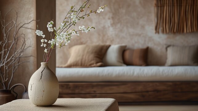 Wabi-sabi Elegance Imperfections celebrated, a chipped ceramic vase holds a single, perfectly imperfect bloom.