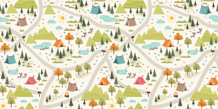 Cute hand drawn vector seamless pattern with camping doodles, tents, landscape and trails, great for textiles, banners, wallpapers