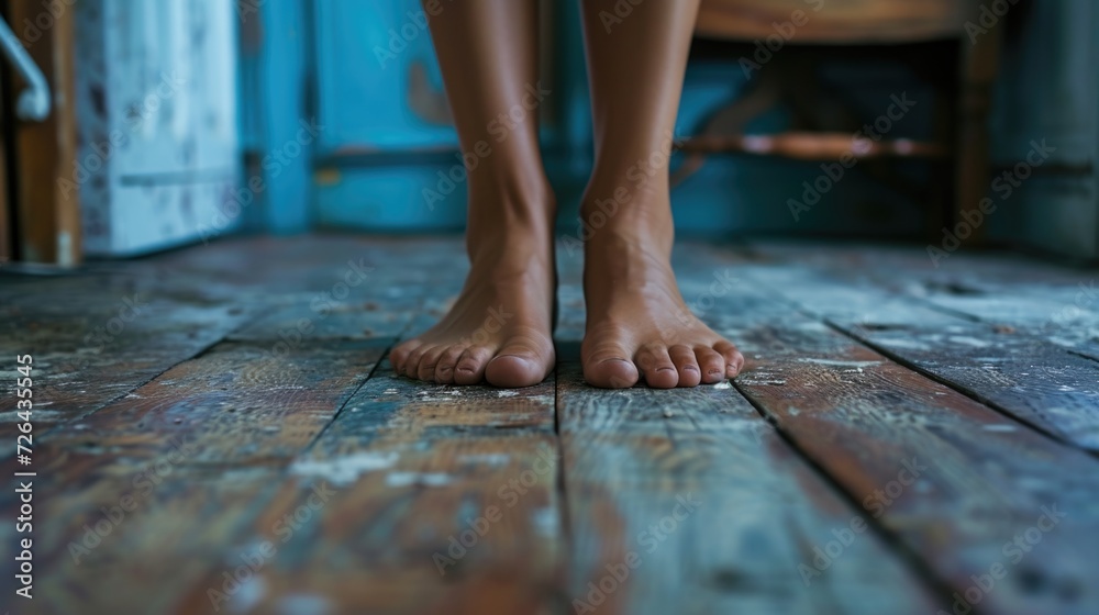 Poster a person standing on a wooden floor with bare feet. suitable for various themes and concepts
