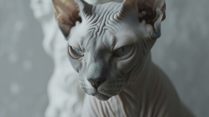 A close up view of a hairless cat sitting on a table. This image can be used for various purposes