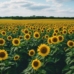 Fototapeta premium Field of yellow sunflowers in summer