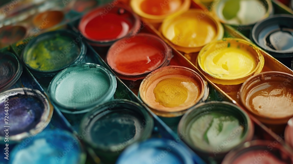 Poster a close-up view of a box of watercolor paints. ideal for art projects and creative designs