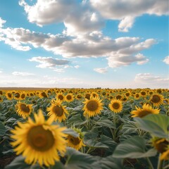 Fototapeta premium Field of yellow sunflowers in summer