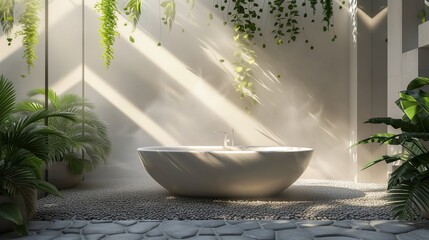 Bathtub crafted from natural stone surrounded by polished pebbles, a minimalist bathroom with Lush green ferns cascade from hanging planters, for tranquility.