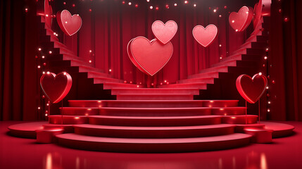 A red pedestal stand with steps to demonstrate your own love from the heart. a declaration of love against the backdrop of scarlet hearts. Product or Jewelry Display.