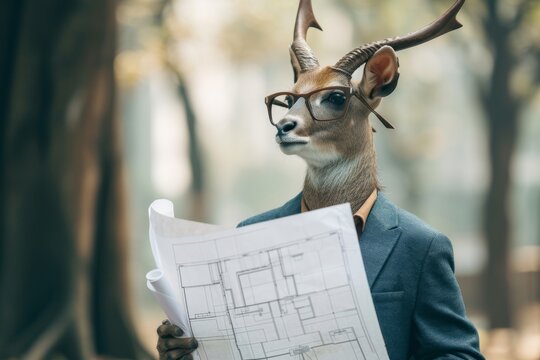A sophisticated deer with a vision, clad in a suit and glasses, stands among the trees with a blueprint in hand, embodying the perfect blend of nature and intellect
