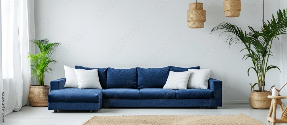 Sticker white living room with a blue sofa and wicker carpet.