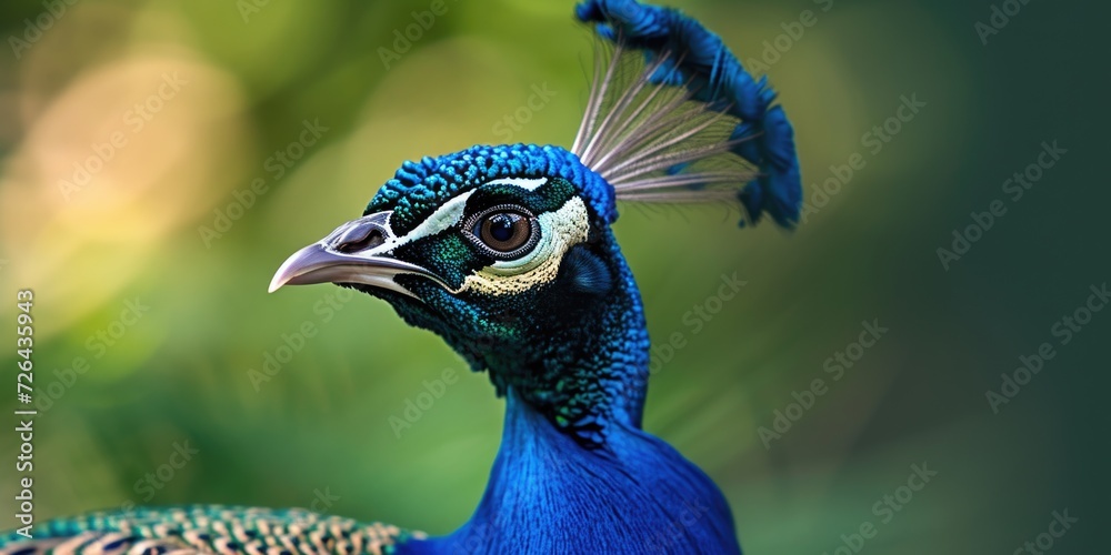Poster A close-up view of a peacock's head with a blurry background. Suitable for various design projects