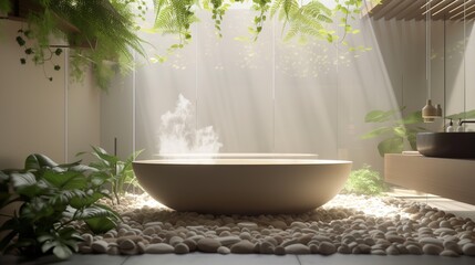 Bathtub crafted from natural stone surrounded by polished pebbles, a minimalist bathroom with Lush green ferns cascade from hanging planters, for tranquility.