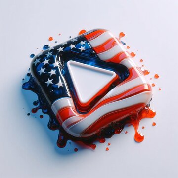 Glass play button blend with USA flag. AI generated illustration